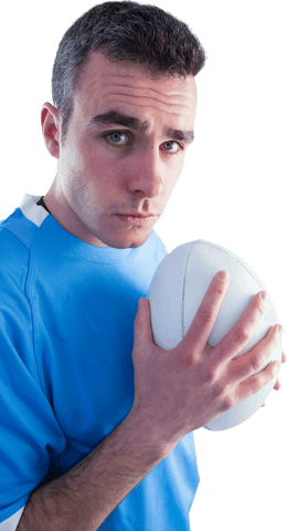 Transparent image focusing on serious rugby player with ball