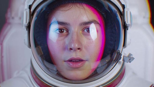 Young woman staring through reflective astronaut helmet visor with magenta blue lighting