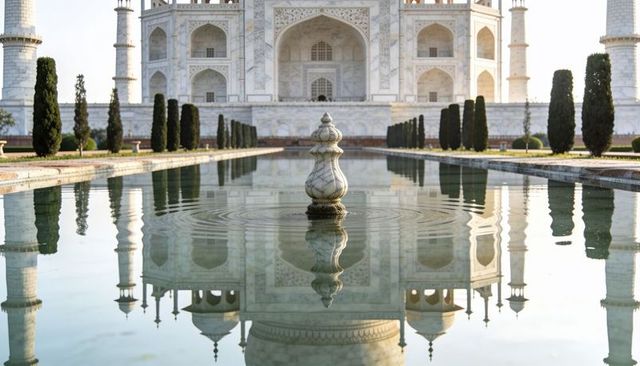 Taj mahal reflected in long pool with marble finial creating concentric ripples and striking symmetr