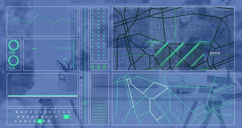 Futuristic Digital Interface with Data Streams and Map Overlay