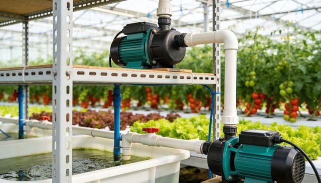 Hydroponic pumps pumping nutrient solution through pvc irrigation system in greenhouse