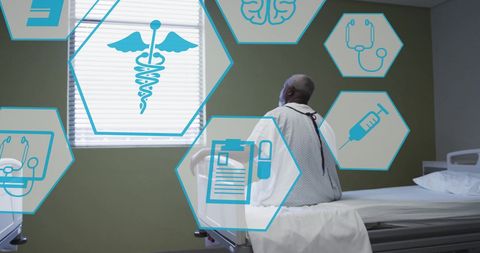Elderly Patient with Digital Medical Icons in Hospital Room