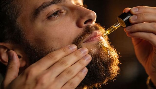 Man applying beard oil with dropper closeup warm golden light grooming routine