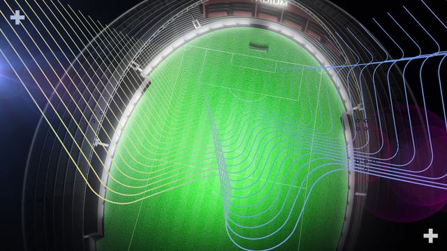 Digital rendering showcasing a modern sports arena with laid-over vibrant light trails and digital patterns. Ideal for usage in projects related to sports events, technological advancements in sports, or visual media and graphics illustrating the intersection of sports and digital solutions. Useful in promotional material for sports technology and high-profile championship events.