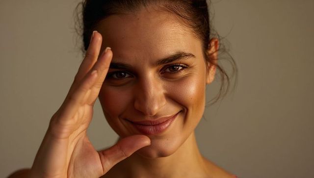 Warm studio portrait of smiling woman raising hand near face with soft golden lighting