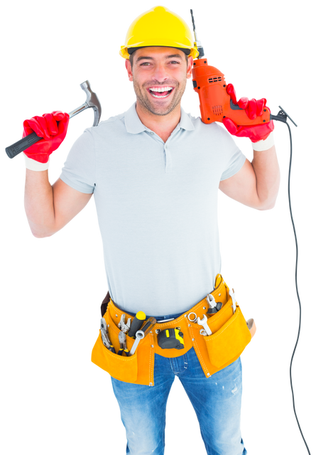 Transparent Happy Handyman Holding Hammer and Drill Machine - Download Free Stock Videos Pikwizard.com