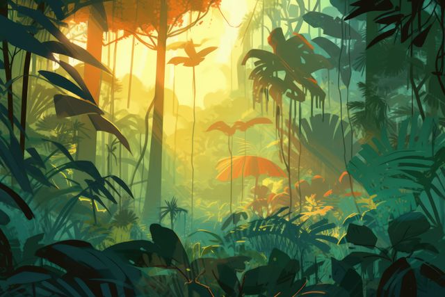 Rainforest with tropical plants at sunset, created using generative ai technology - Download Free Stock Photos Pikwizard.com