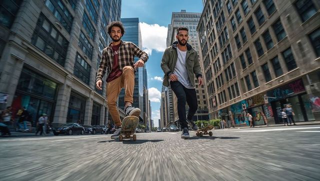 Two skateboarders cruising downtown avenue low-angle urban motion and street style