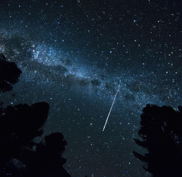 Image of shooting star and stars on night sky. Outer space, galaxy, cosmos and astronomy concept.