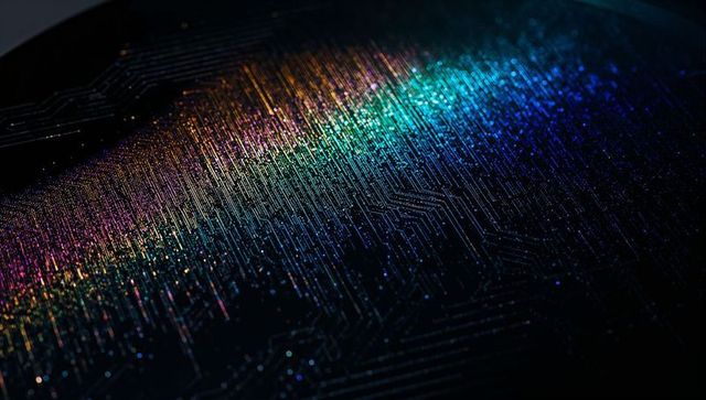 Iridescent circuit board closeup showing prism light band and microcircuit traces, neon