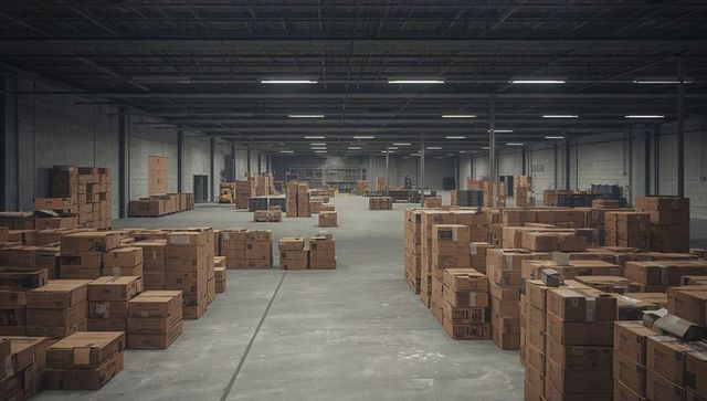 Expansive warehouse aisle featuring organized cardboard boxes and pallets for logistics