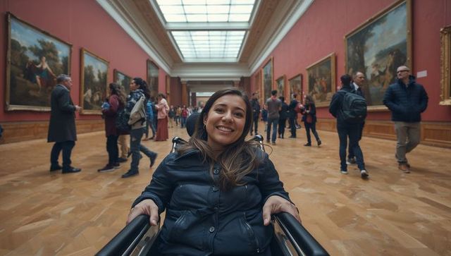 Smiling woman touring gallery in wheelchair emphasizing accessibility