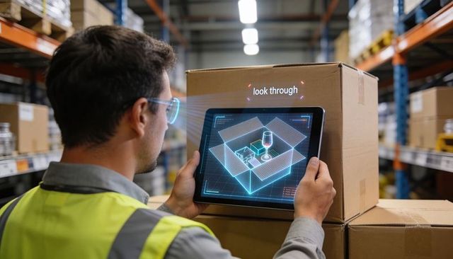 Warehouse worker using ar tablet inspecting fragile stemmed glass inside smart packing box