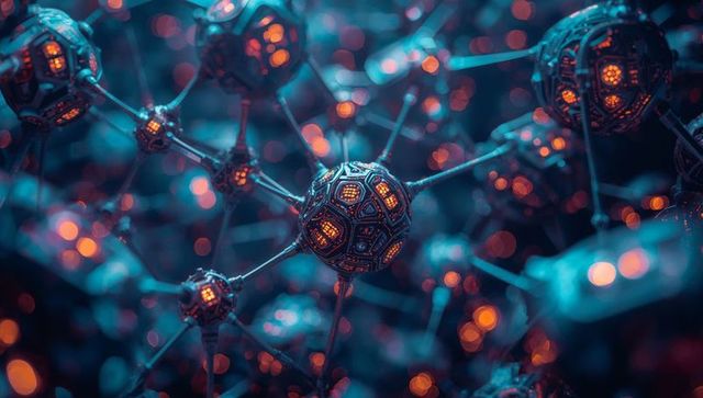 Futuristic digital network with glowing geometric nodes