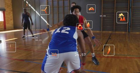 Augmented reality basketball training showing dribbling player wearing jersey 12 on court
