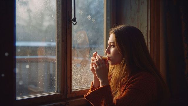 Contemplative Woman Enjoying Winter View with Warm Beverage
