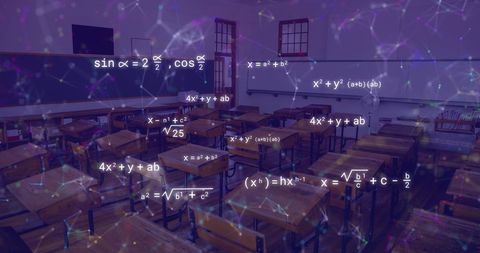 Empty Classroom with Floating Mathematical Equations and Digital Network - Download Free Stock Images Pikwizard.com