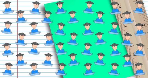 Education Icons Over Notebook and Measurement Concept