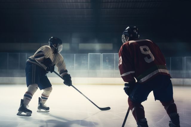 Two hockey players face off on an indoor ice rink. Intense competition is captured as athletes in protective gear prepare for a puck drop.