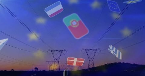 Electricity infrastructure at dusk with overlay of european union country flags