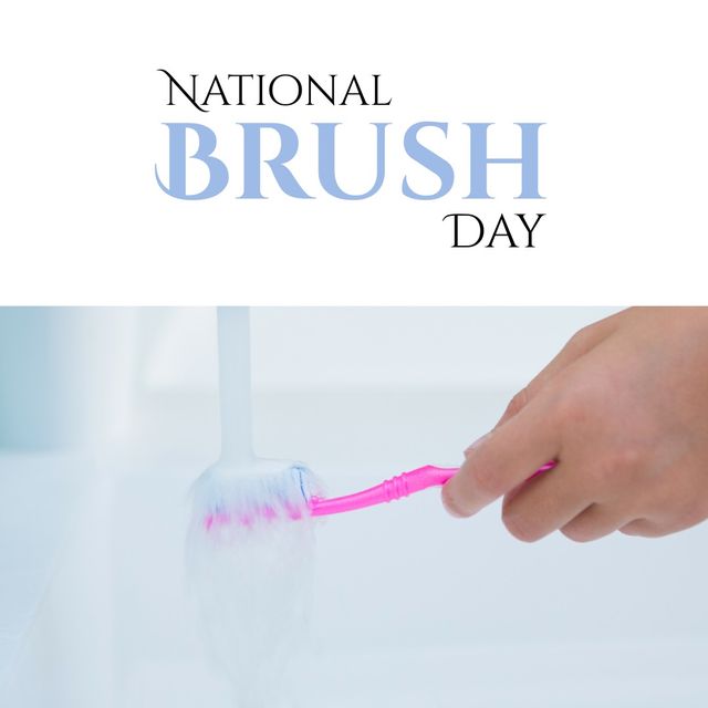 Square image of national brush day text with hand with teeth brush. National brush day campaign.