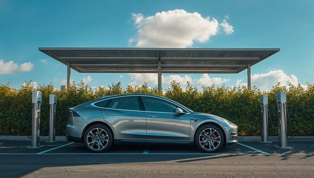 Silver Electric Sedan Charging at Solar-Powered Station