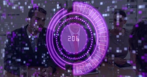 Corporate Meeting with Digital Analytics Overlay in Modern Office