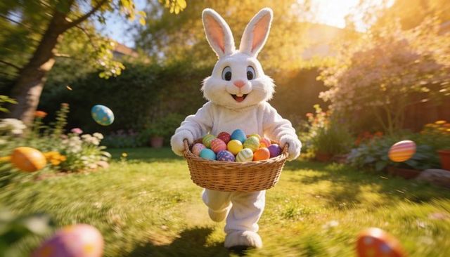 Running easter bunny carrying basket of colorful eggs in sunny backyard at golden hour