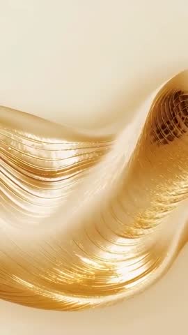 Flowing Gold Ribbon Reacting to Studio Lights on Cream Backdrop Vertical Metallic Motion