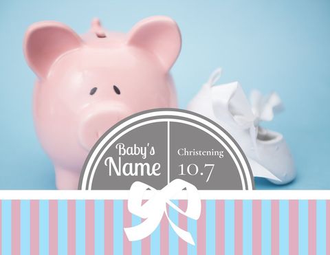 piggy bank and baby shoes on striped background for christening invitation - Download Free Stock Templates Pikwizard.com