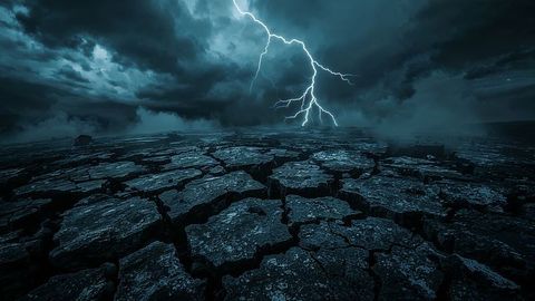 Earthquake epic lightning over cracked desolate earth and stormy skies