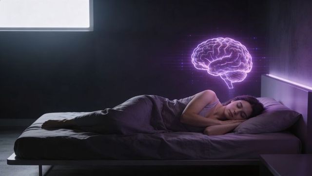 Sleeping woman with glowing brain hologram in futuristic minimal bedroom for dream technology and sl