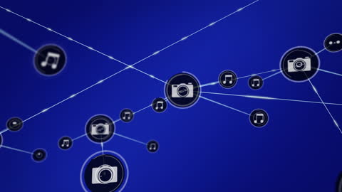 Animation of Network Connections with Media Icons on Blue Background