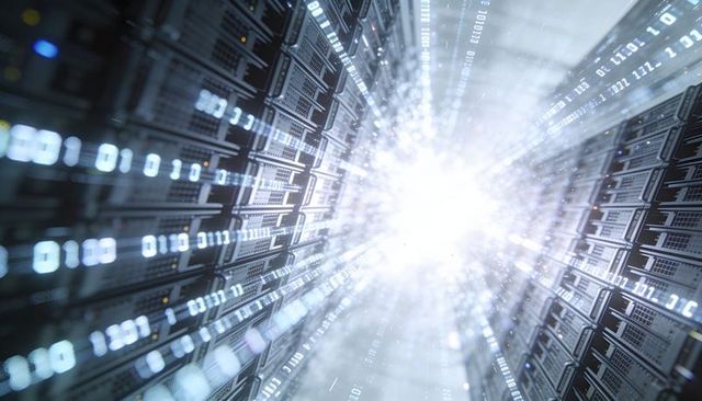 Radiating light burst streaming binary code through data center server rack tunnel neon cyber glow