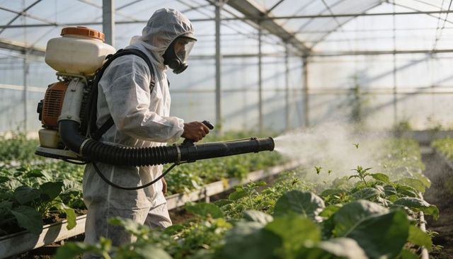 Worker spraying greenhouse crops with backpack mist blower wearing protective suit and respirator