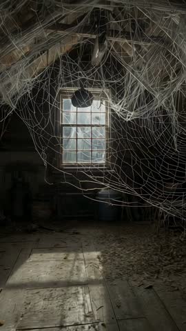 Moody Abandoned Attic Workshop with Tangled Ropes and Dusty Window Light — Vertical Video
