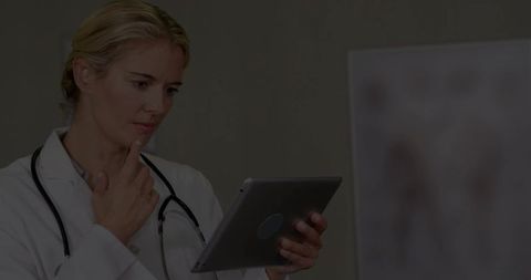Female Doctor Analyzing Tablet in Clinical Setting with Medical Chart