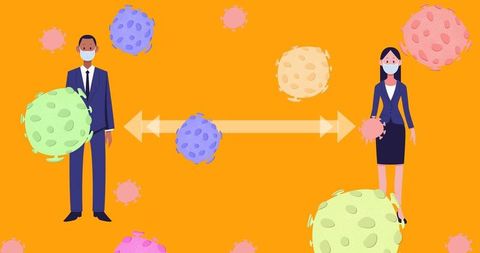 Maintaining social distancing with covid-19 virus cells digital illustration
