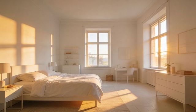 Sunlit scandinavian bedroom bathing in golden morning light with minimal white bed