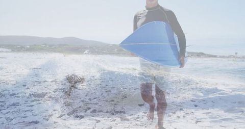 Energetic Surfer and Waves Illusion on Sunny Beach