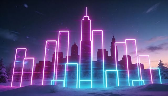 Glowing neon skyline rising from snowy field at dusk with cyan and magenta geometric bars