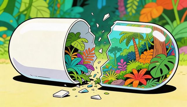 Breaking capsule revealing miniature tropical jungle terrarium with vibrant flora