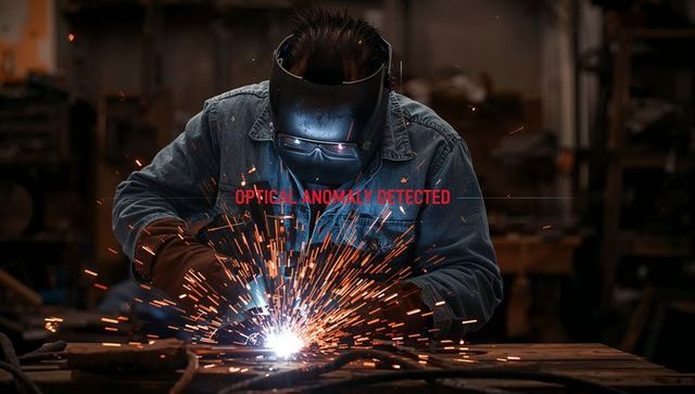 Welder welding bright arc sparks wearing protective helmet and denim shirt in workshop