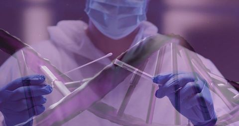 Technician collecting sample in lab with dna research overlay