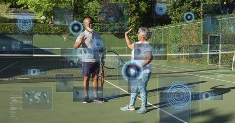 Senior Couple Playing Tennis with Digital Interface Overlay