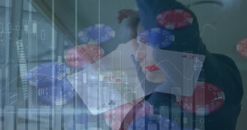 Businessman Contemplates Amidst Financial Data and Gambling Symbols