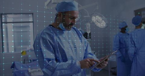 Surgeon Using Tablet in Operating Room with Digital Overlay