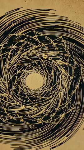 Rotating Gold and Black Spiral Animation on Beige Canvas, Vertical Abstract Motion Loop