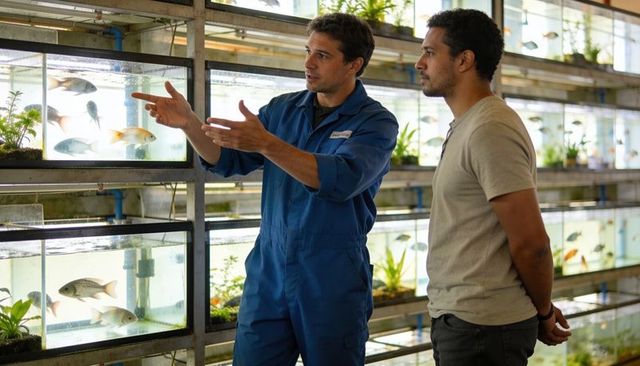 Technician explaining fish tank setup to customer in pet store aisle