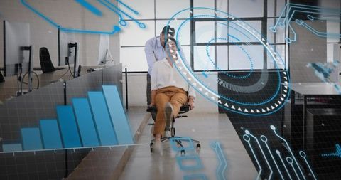 Playful office teamwork with augmented reality hud and data visualization overlay